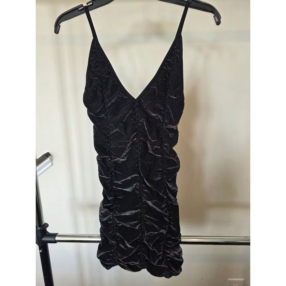 BOZZOLO Black Metallic Ruched Bodycon Tank Spaghetti Straps V Neck M/L Nightlife